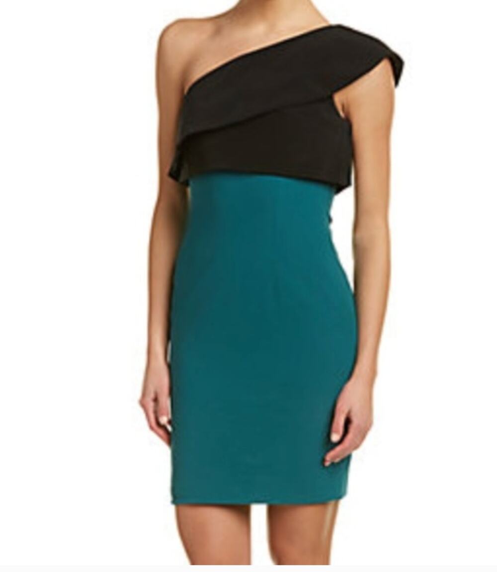 Monique Lhuillier Black Green One Shoulder Mini Sheath Dress Womens 4 Colorblock